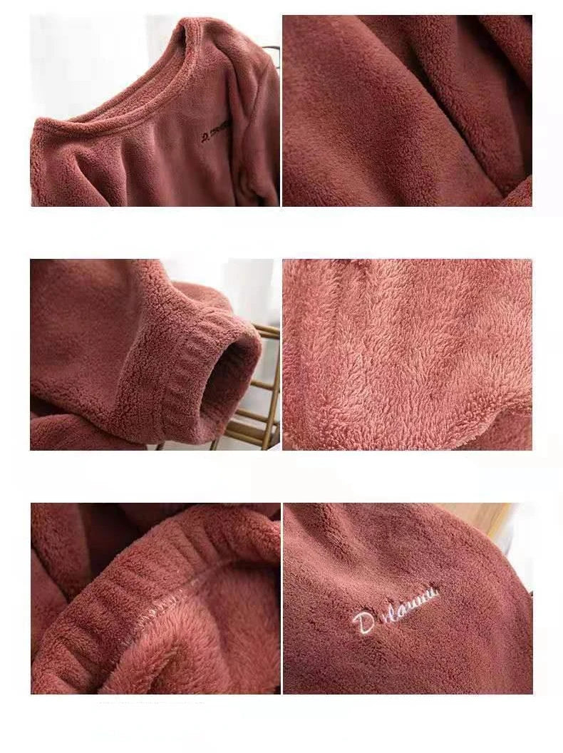 Pijamas de invierno de franela cálida para mujer, ropa de ocio gruesa, conjunto de pijamas lisos de manga larga de terciopelo Coral sencillo, 2025-26