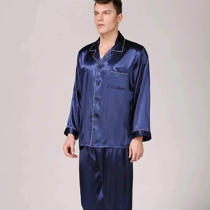 Pijamas para hombre, Primavera Verano, seda fina de hielo, lujoso, holgado, traje para el hogar, conjunto de pijamas de satén para hombre, conjunto de pijamas de noche para hombre