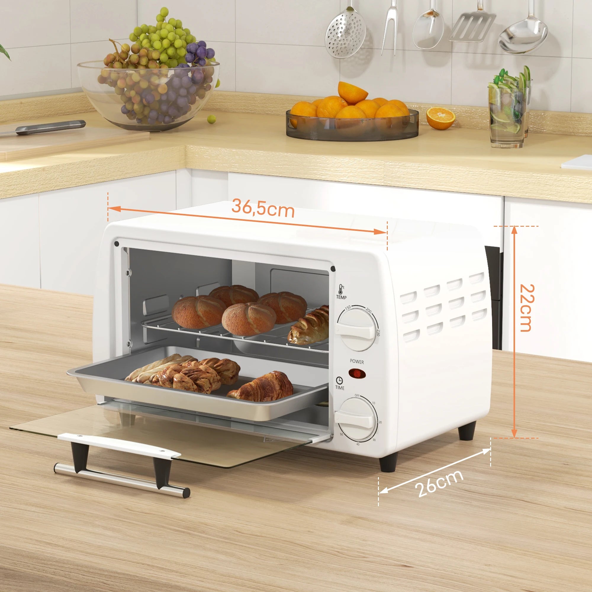 HOMCOM Horno Eléctrico Sobremesa 10 Litros 750W 36,5x26x22 cm Blanco