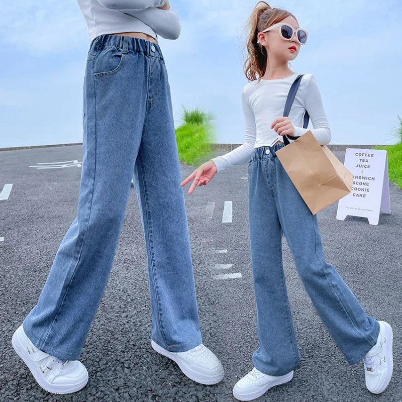 Pantalones vaqueros para chicas adolescentes 2025, moda informal para primavera y otoño, pantalones anchos de pierna azul holgado para niños, pantalones escolares para niños de 6, 8, 10 y 12 años