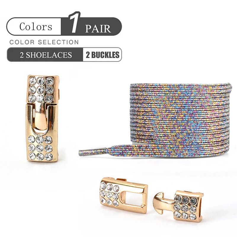 1 par de cordones sin cordones para zapatos, hebilla de diamante, cordones elásticos de encaje, luz de perlas, moda colorida sin corbatas, cordones, zapatillas para niños y adultos