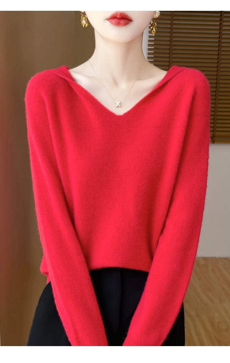 Ropa de Otoño Invierno para mujer, jersey con cuello con capucha, suéter de lana merina de 100%, Tops de Cachemira a la moda, prendas de punto suaves