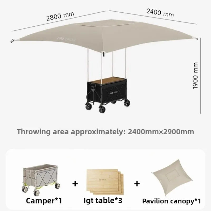 Carro de Camping plegable con sombrilla, carrito de mano de almacenamiento multifuncional portátil de viaje, herramientas útiles y prácticas para acampar al aire libre