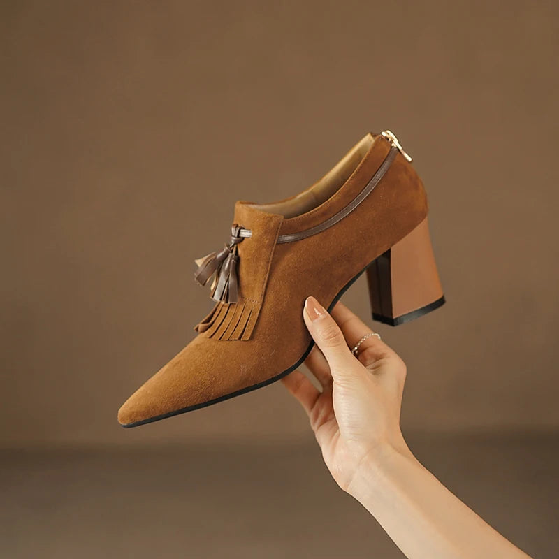 2025 primavera zapatos de mujer puntiagudos tacón grueso zapatos de tacón alto de gamuza de oveja zapatos con hebilla de cinturón para mujer zapatos de mujer