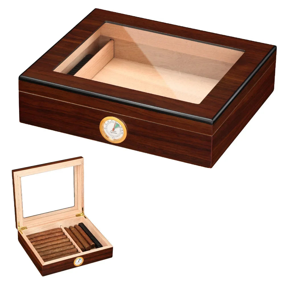Caja de cigarrillos de almacenamiento hidratante para viaje, de madera de cedro, Simple y portátil, de gran capacidad, pantalla superior de vidrio