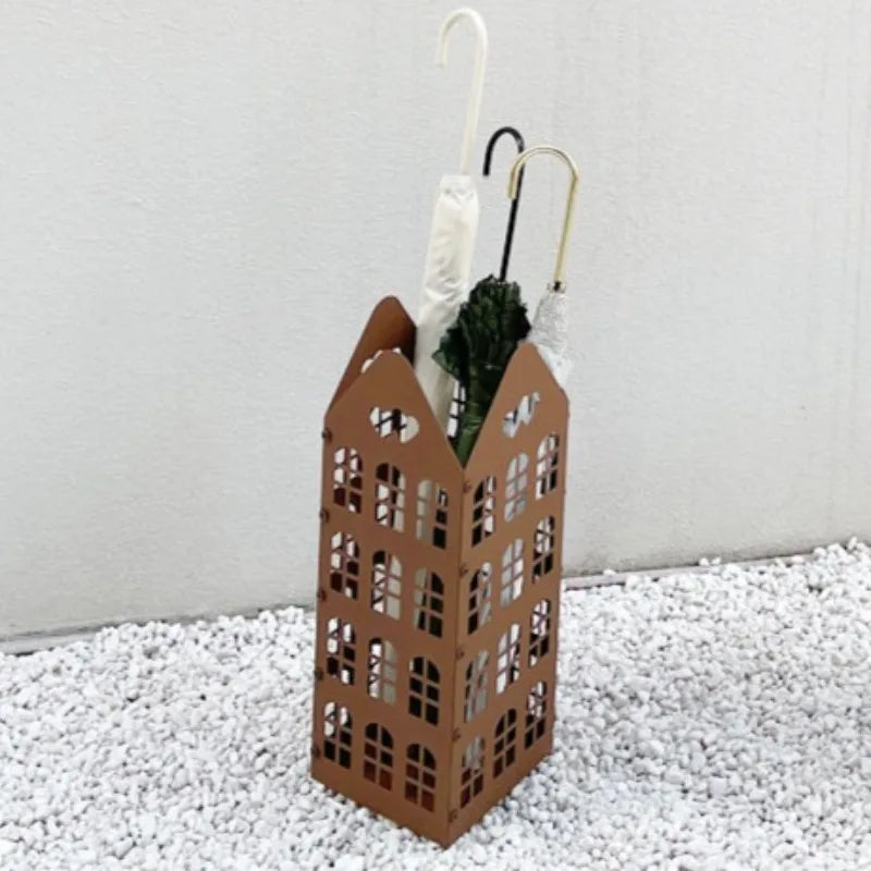 Cubo de Metal para paraguas, soporte moderno para paraguas, cesta para paraguas hueca de entrada elegante, cajas de almacenamiento para paraguas de negocios para interiores