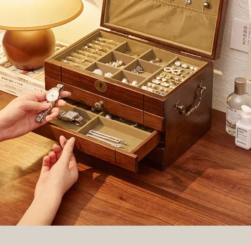 Caja de almacenamiento de joyería de madera de nogal, cajas de mano para pulseras y pendientes, estuche de exposición para collares, organizador grande, Estuches para joyería