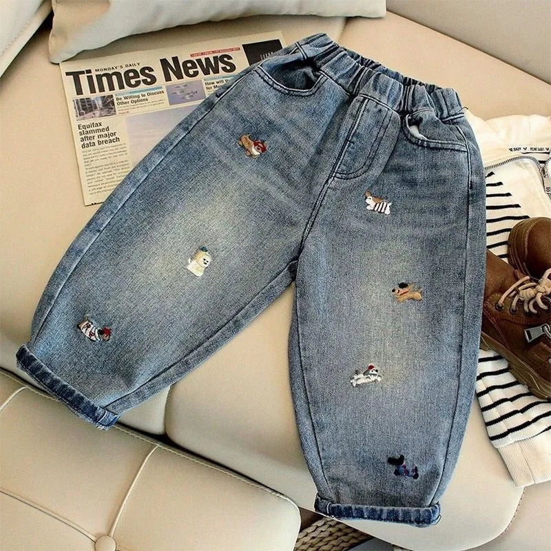 Pantalones vaqueros de primavera para niños y niñas, pantalones vaqueros bordados con dibujos de cachorros de 2 a 7 años, pantalones holgados con farol, pantalones vaqueros elegantes para niños
