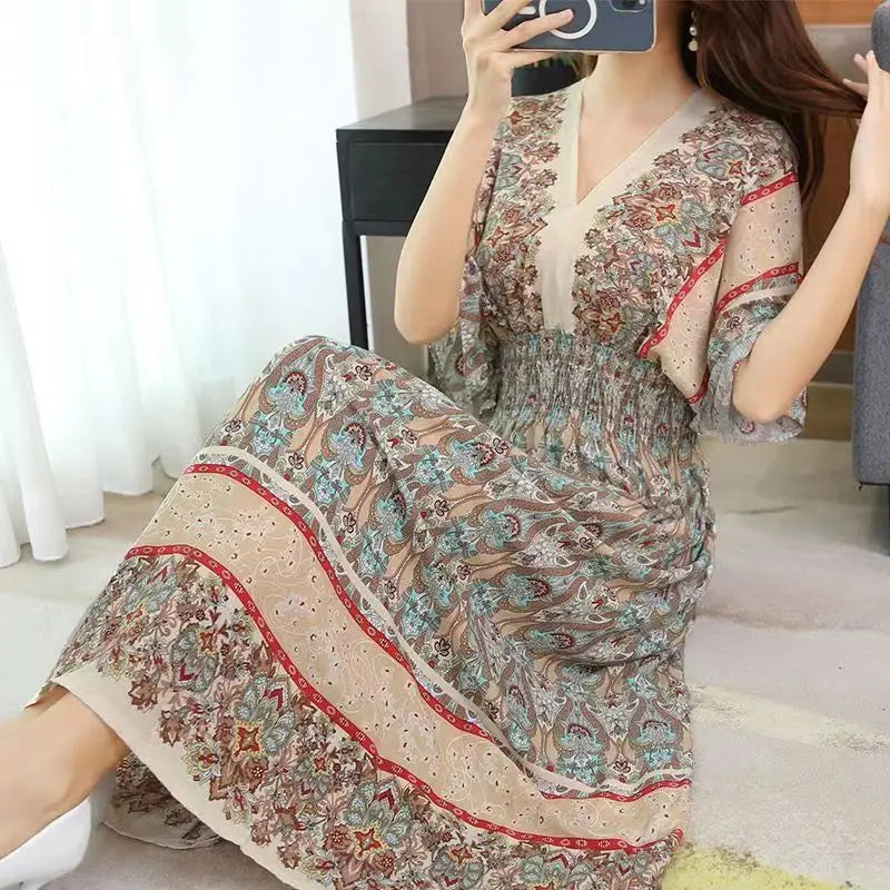 Vestido largo de cuerda Para Mujer, traje bohemio con cuello en V, estilo Retro, informal, estampado coreano, Verano