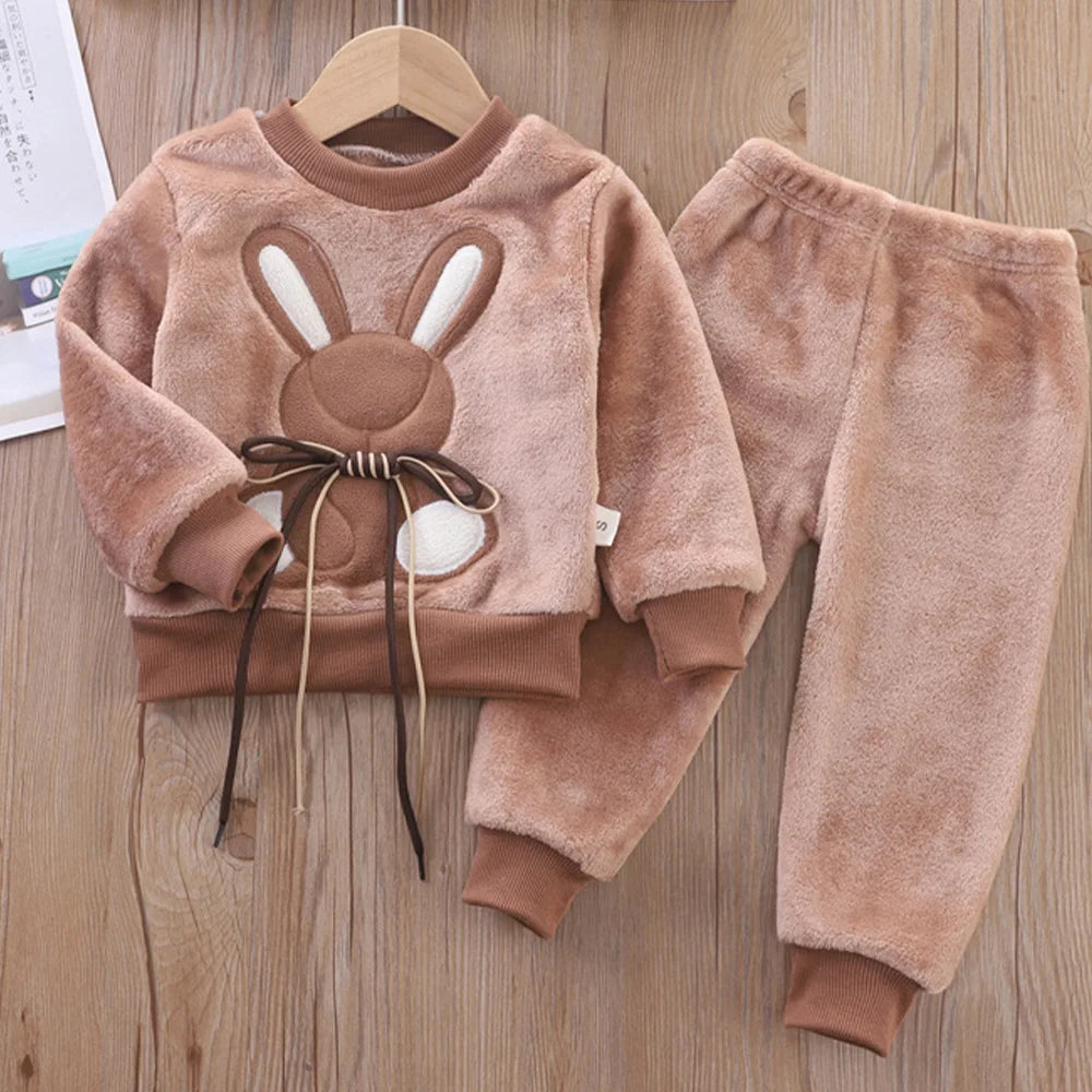 Ropa de invierno para niños, conjunto de pijamas de conejo de dibujos animados de otoño para niñas y niños, conjuntos de 2 uds de forro polar de franela gruesa, ropa de dormir cálida para niños