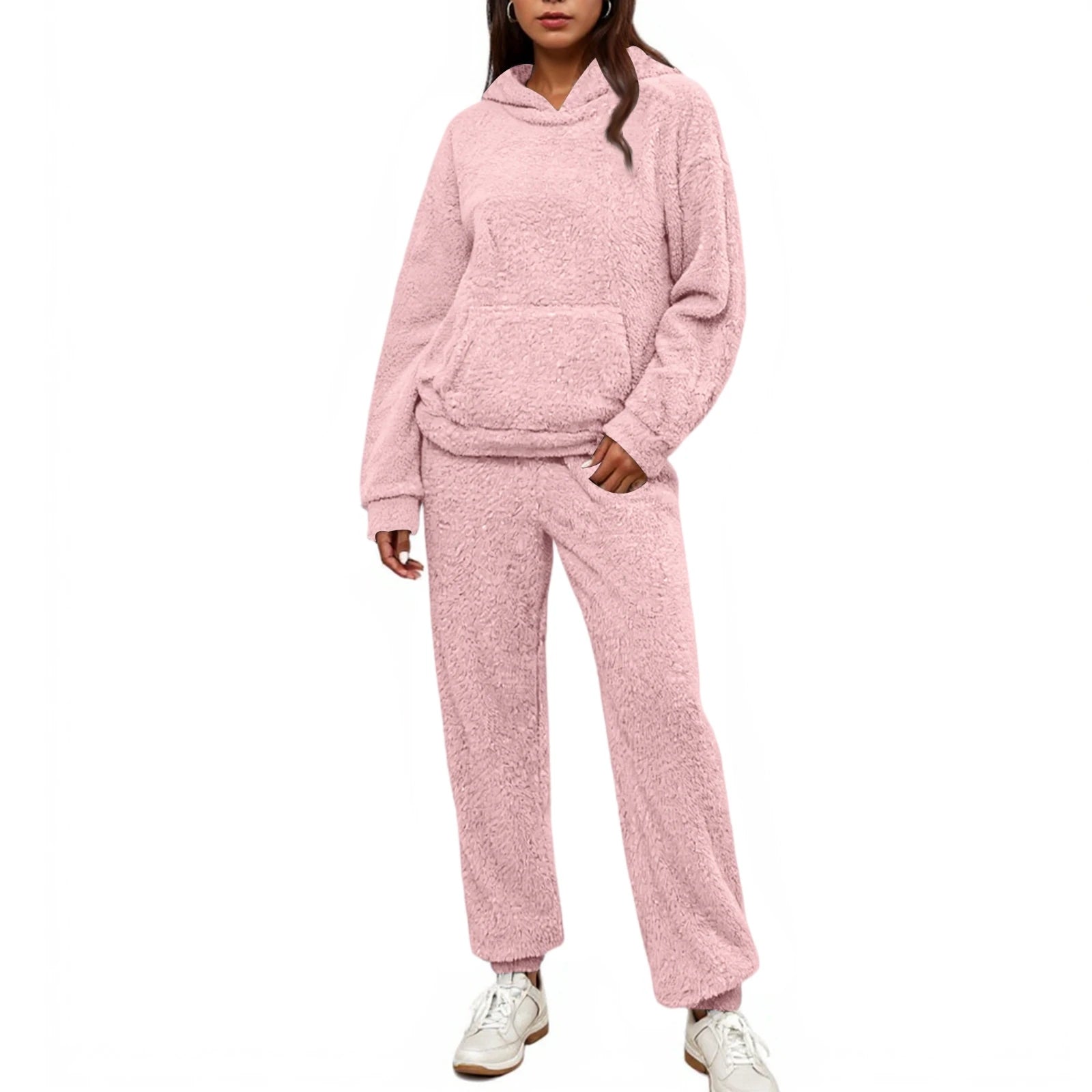 Ropa de hogar de felpa para otoño e invierno para mujer, conjunto de dos piezas, sudadera informal con capucha, pantalones, traje de dos piezas para el hogar, conjuntos de pijama para mujer