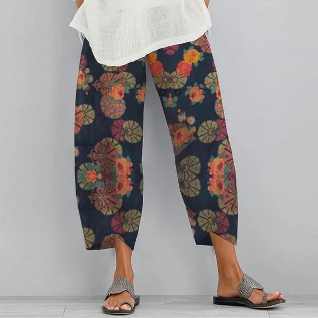 Pantalones bombachos Vintage de lino y algodón para mujer, pantalón de pierna ancha con cintura elástica, informal, holgado, con bolsillos sólidos