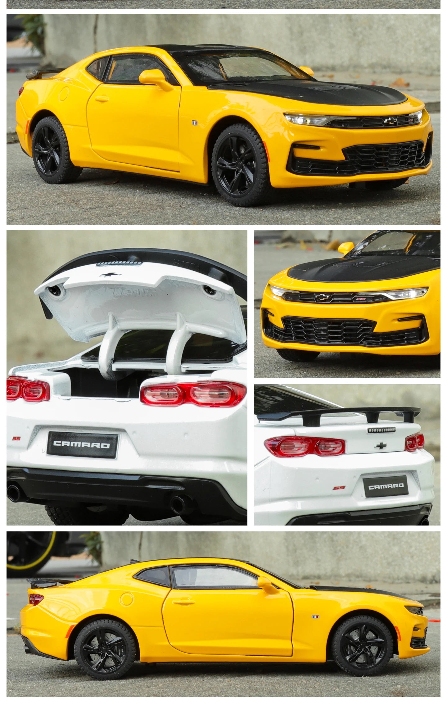 Modelo de coche de aleación Camaro - Puertas abiertas - Absorción de impactos de neumáticos de goma - Cuerpo de metal fundido a presión - Decoraciones para automóviles