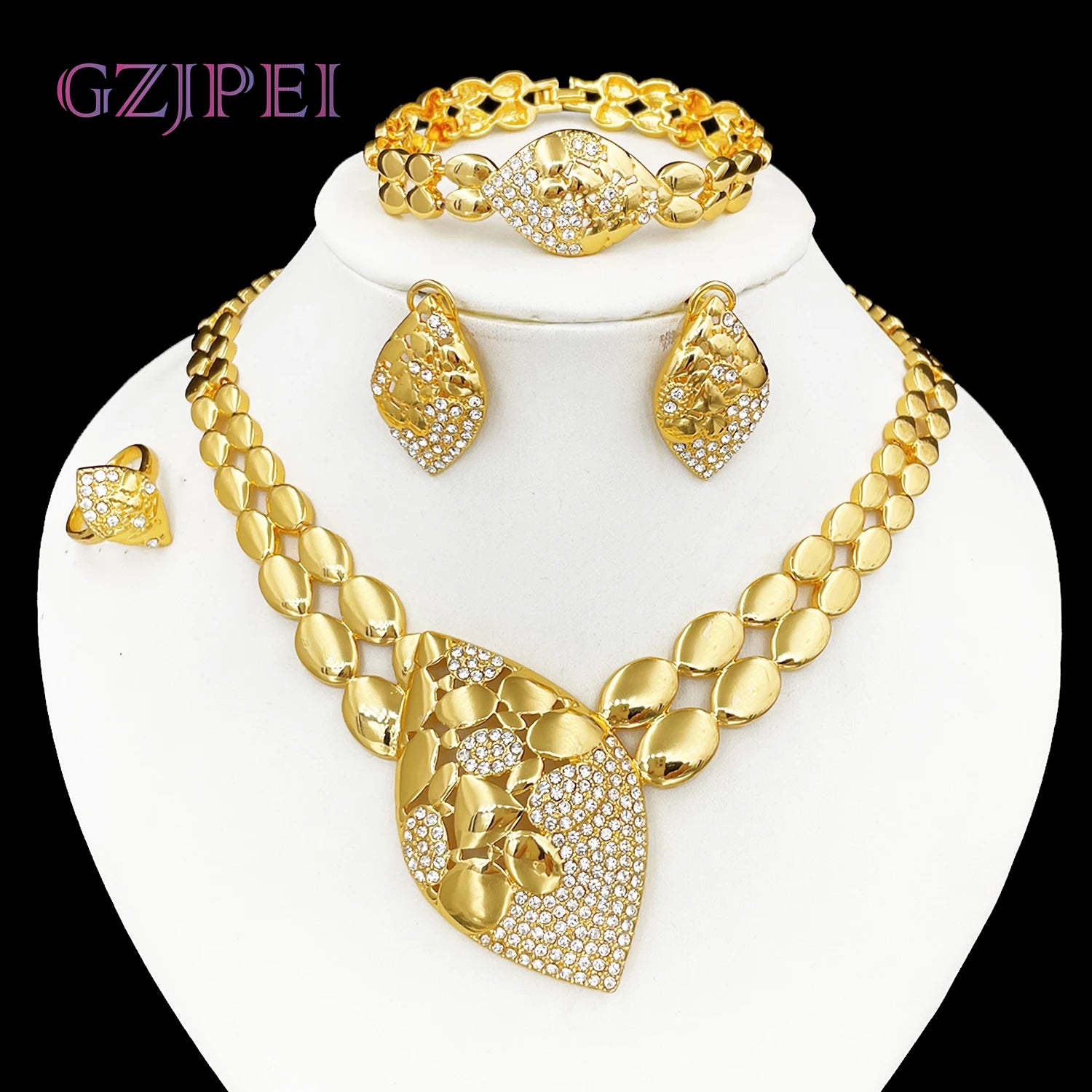 Conjuntos de joyas de calidad para mujer, diseño de lujo, collar de Color dorado, pendientes, anillo, pulsera, regalo de fiesta de boda