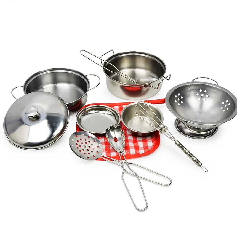 Accesorios para juego de imitación de cocina, juguetes con utensilios de cocina de acero inoxidable, juego de ollas y sartenes, utensilios de cocina, herramienta de aprendizaje para regalos