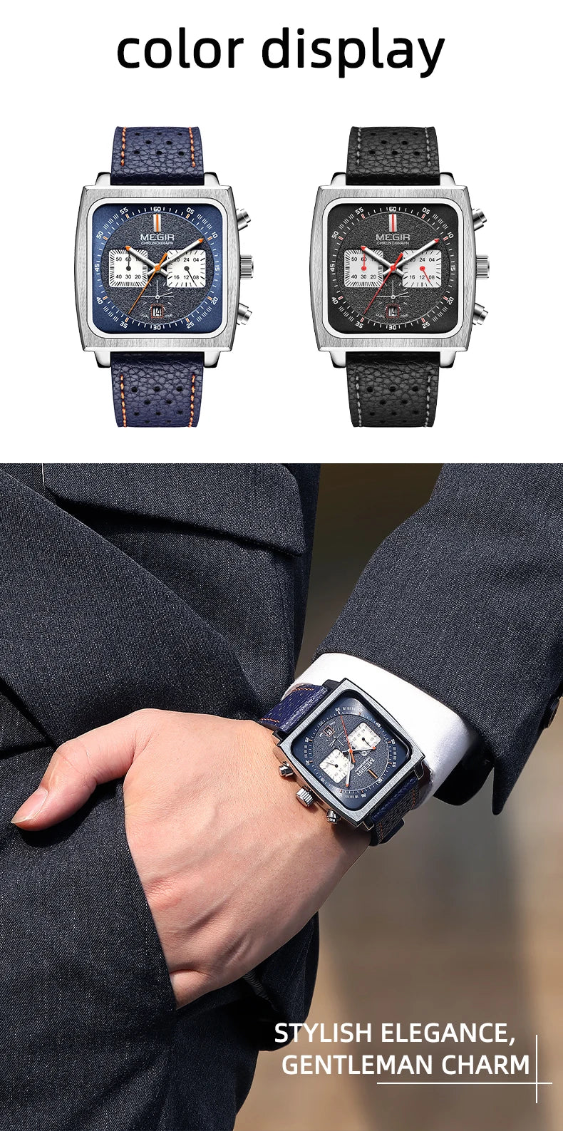 MEGIR 2182 cronógrafo deportivo de moda de lujo relojes de pulsera de cuero militar multifuncionales con fecha para hombres reloj Masculino