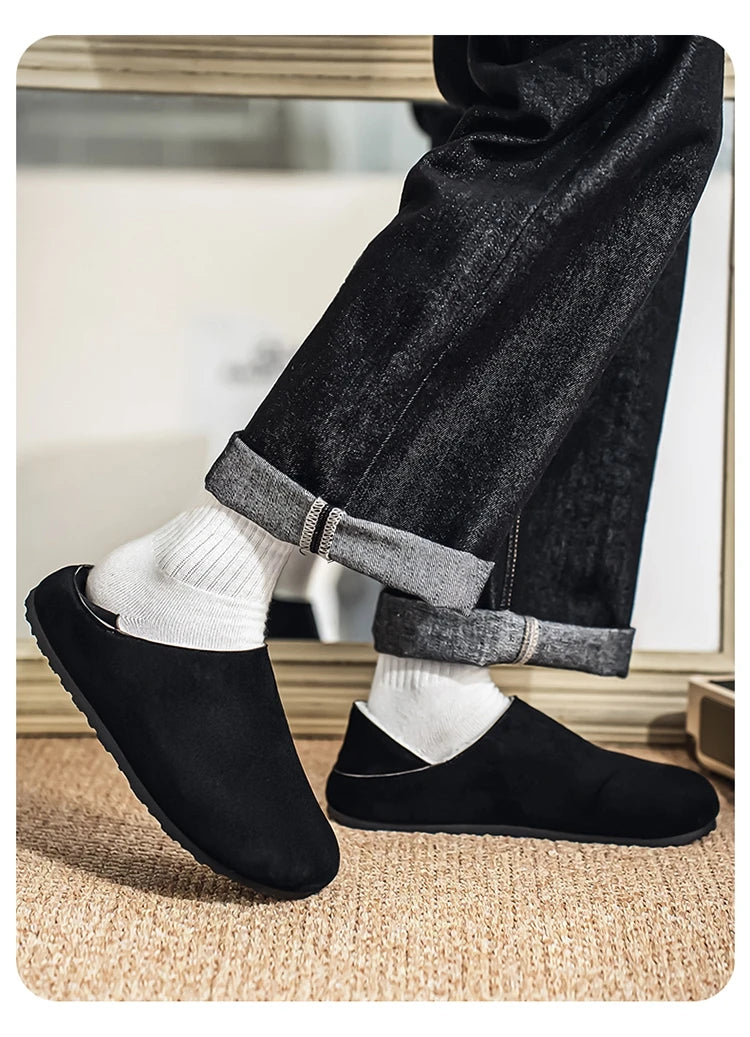 2025 zuecos de moda, zapatillas para hombre, zapatillas planas informales para exteriores, cómodas zapatillas de gamuza de suela gruesa, zapatos de playa antideslizantes para mujer