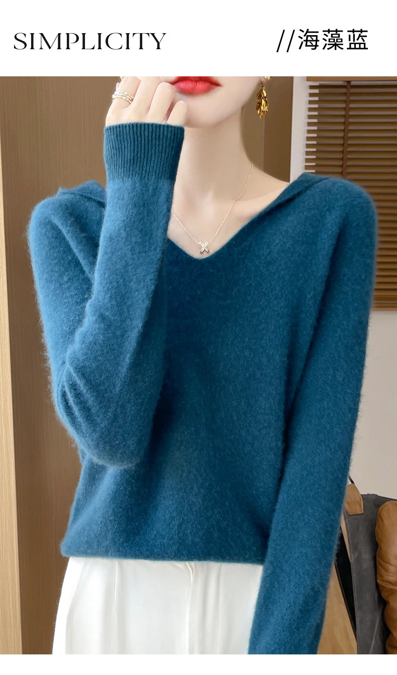 Ropa de Otoño Invierno para mujer, jersey con cuello con capucha, suéter de lana merina de 100%, Tops de Cachemira a la moda, prendas de punto suaves