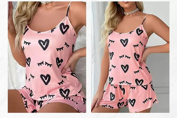 Pijama para Mujer 2 Piezas - Estampado de Corazón, Camisola + Pantalones Cortos |   Ropa de Dormir Veraniega Bonita y Cómoda para