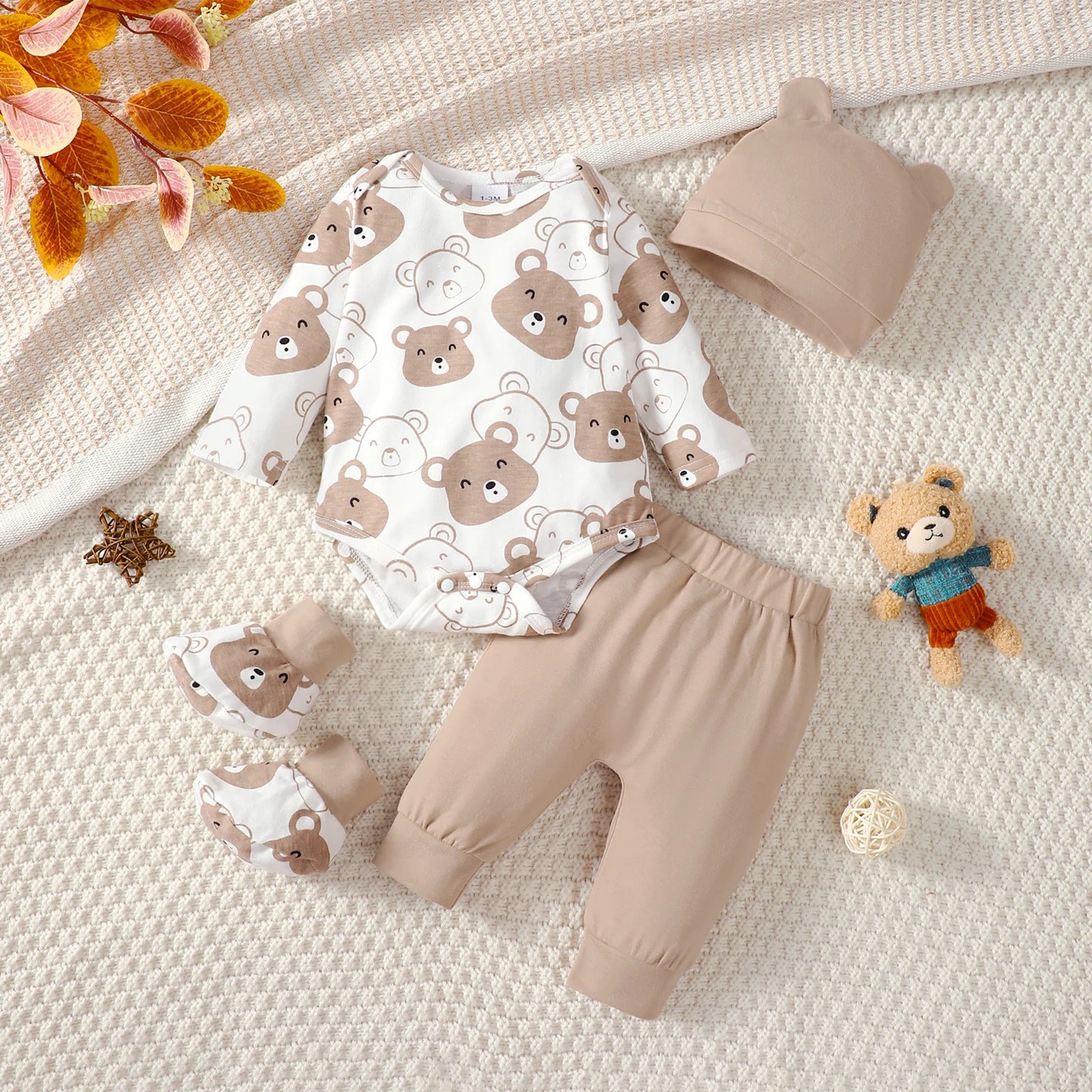 Conjunto de bebé de 0 a 9 meses, mono de manga larga de osito, pantalones, sombrero y calcetines, 4 unidades/juego, ropa de primavera y otoño para bebé recién nacido