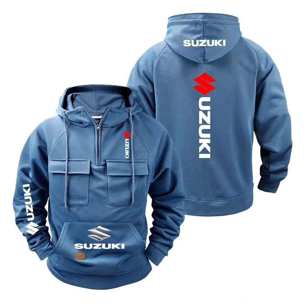 Chaqueta holgada con capucha retro Suzuki para hombre y mujer, sudadera con capucha de felpa con múltiples bolsillos, camisa informal de moda para exteriores