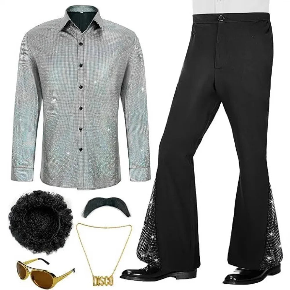 6 disfraces de discoteca de los años 70, incluyen camisa Retro, pantalones con parte inferior acampanada, peluca, gafas de sol, collar, gorro de peluca para fiesta disco, pantalón acampanado inferior