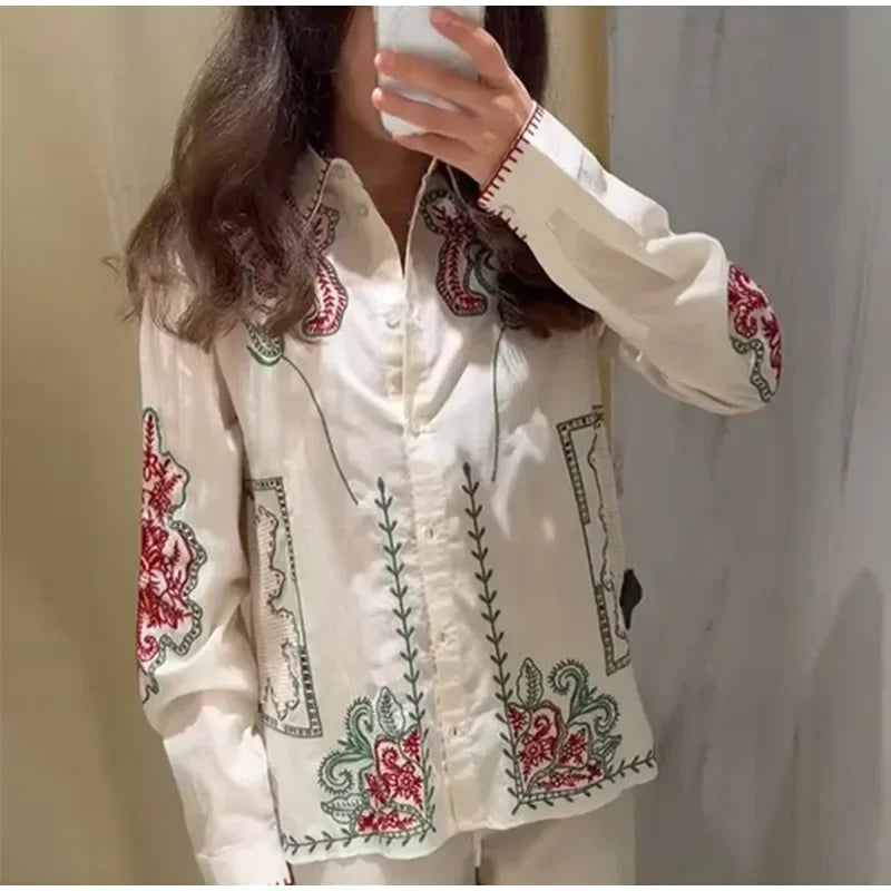 Conjunto de camisa de solapa bordada Retro, pantalón largo, camisas informales elegantes con una botonadura, conjuntos de pantalones rectos, trajes elegantes de verano