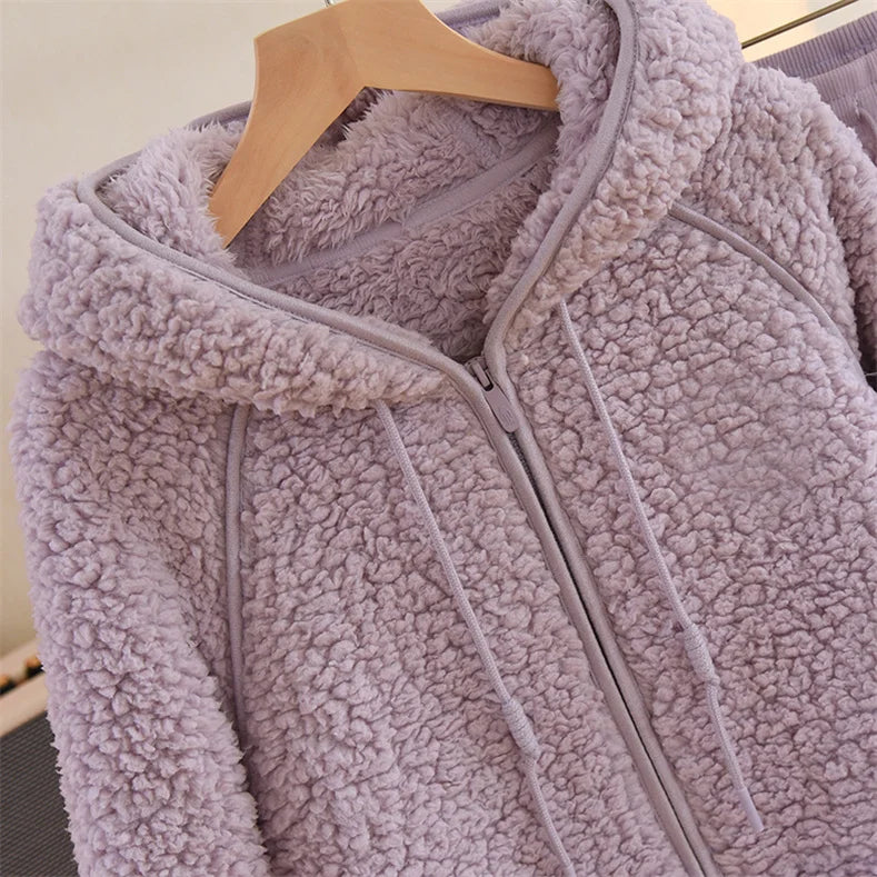 Otoño Invierno nuevas mujeres cálido suave pareja pijamas de lana Coral 2 piezas traje para casa Casual pijamas con capucha ropa de noche