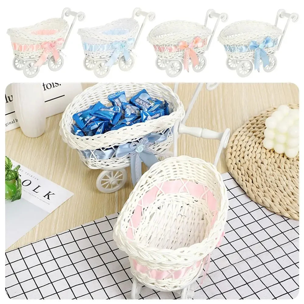 Carrito pequeño creativo tejido a mano, cesta de almacenamiento de frutas y flores de regalo de 2 estilos, almacenamiento tejido de ratán de imitación para plantas, hogar y boda