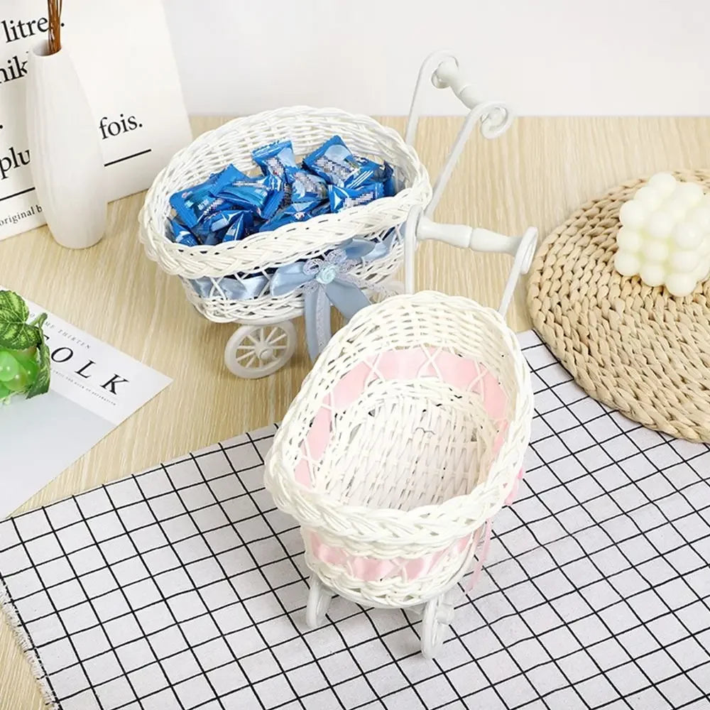 Carrito pequeño creativo tejido a mano, cesta de almacenamiento de frutas y flores de regalo de 2 estilos, almacenamiento tejido de ratán de imitación para plantas, hogar y boda