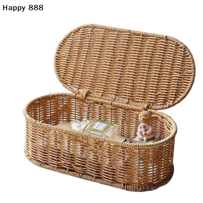 Cesta de almacenamiento de ratán de imitación de estilo bohemio, una caja de almacenamiento tejida con un marco a prueba de polvo para decoración del hogar