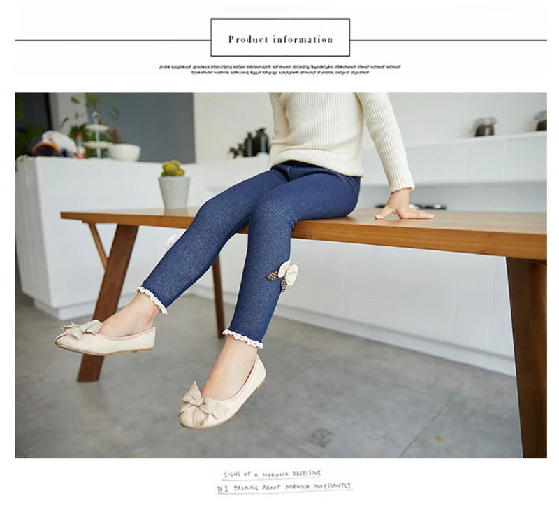 Pantalones para niñas, mallas gruesas y cálidas con lazo en Jean para invierno y primavera, pantalones para niños, pantalones para niños