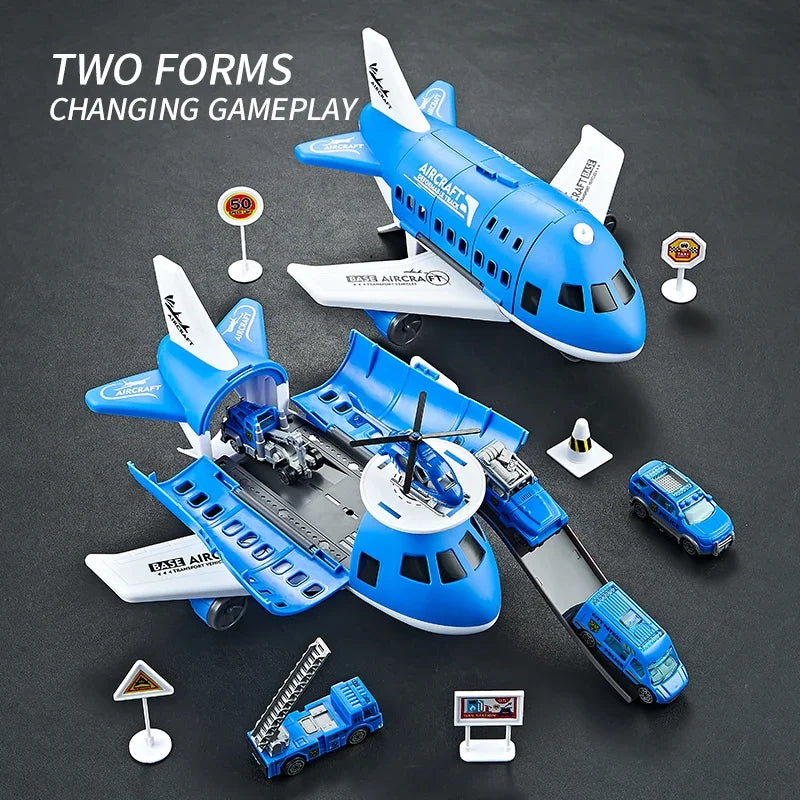 Modelo de avión para niños, juguetes, modelo inercial, aviones de simulación, juguetes multifuncionales, 3 coches aleatorios, 1 helicóptero, 6 señales de tráfico