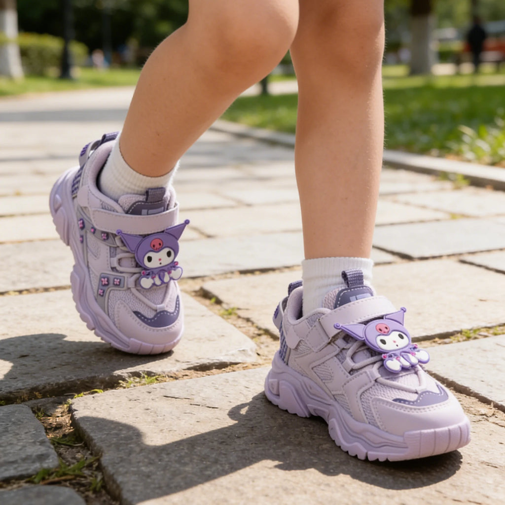 Zapatos informales para niños, zapatillas de deporte con dibujos animados Kuromi, zapatos de primavera de cuero PU para niñas, zapatos antideslizantes con Velcro rosa Pruple, talla 26-37