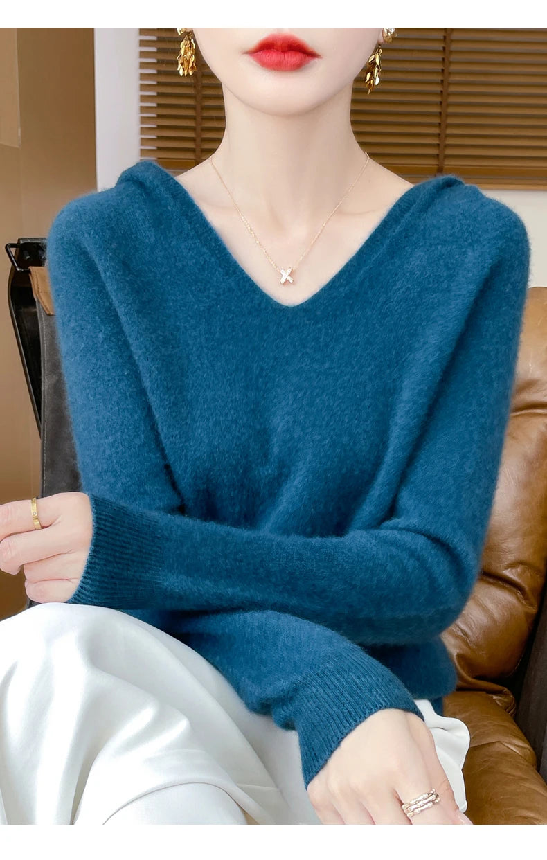 Ropa de Otoño Invierno para mujer, jersey con cuello con capucha, suéter de lana merina de 100%, Tops de Cachemira a la moda, prendas de punto suaves