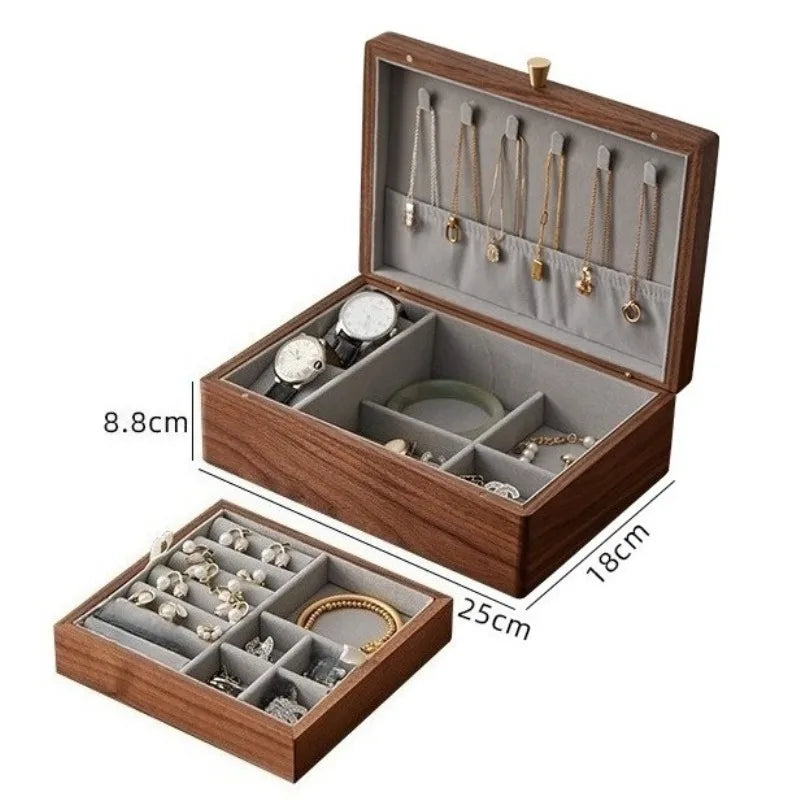 Caja de joyería de madera maciza, caja de joyería de gran capacidad, exquisitas cajas de joyería, collar, pendientes, anillos, pulsera, cajas de joyería