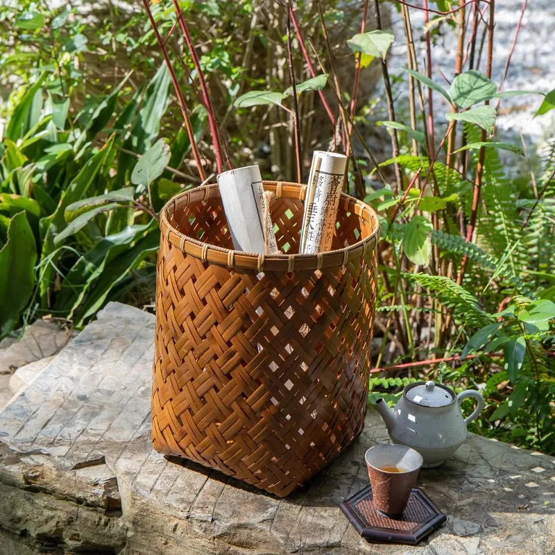 Cesta de bambú púrpura antigua hecha a mano, organizador multifuncional, soporte de papel decorativo para flores, contenedor de almacenamiento para el hogar