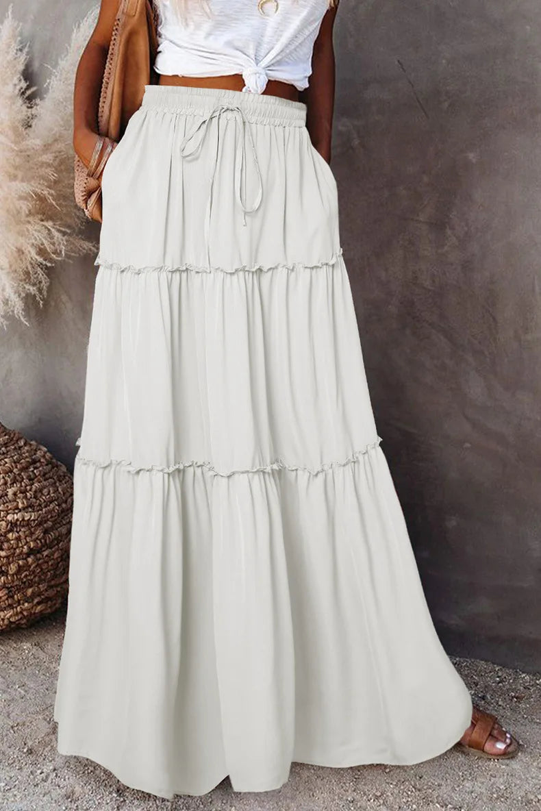 Falda larga de Color liso para mujer, falda en capas de seta de moda, falda elástica de cintura alta con volantes, primavera y otoño, nueva