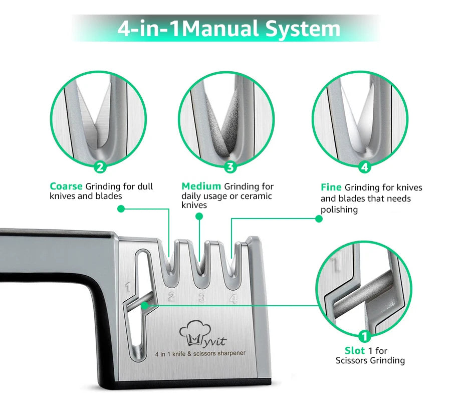 Afilador de cuchillos 4 en 1 con revestimiento de diamante y varilla fina, tijeras, sistema de afilado, cuchillas de acero inoxidable