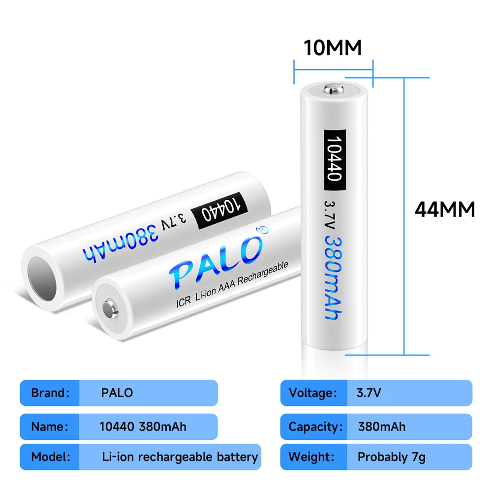 PALO 3,7 V 10440 batería 380mAh botón superior 10440 batería de litio recargable AAA baterías de iones de litio recargables con caja AAA