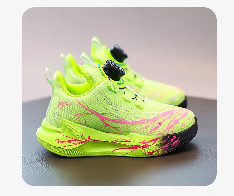 Zapatillas de deporte para estudiantes, bonitos zapatos para correr con grafiti para niños, botón giratorio, otoño 2025, nuevos zapatos de baloncesto para niños, fondo suave