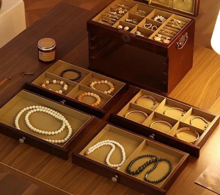 Caja de almacenamiento de joyería de madera de nogal, cajas de mano para pulseras y pendientes, estuche de exposición para collares, organizador grande, Estuches para joyería
