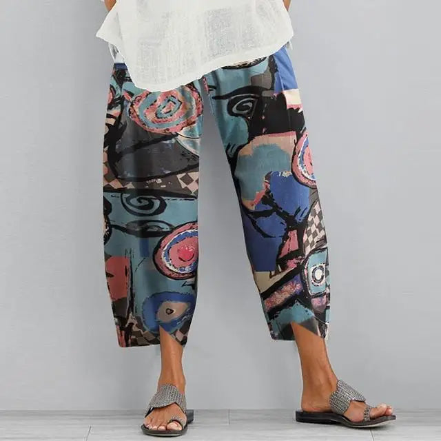 Pantalones bombachos Vintage de lino y algodón para mujer, pantalón de pierna ancha con cintura elástica, informal, holgado, con bolsillos sólidos