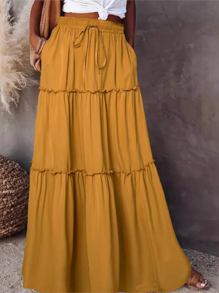 Falda larga de Color liso para mujer, falda en capas de seta de moda, falda elástica de cintura alta con volantes, primavera y otoño, nueva