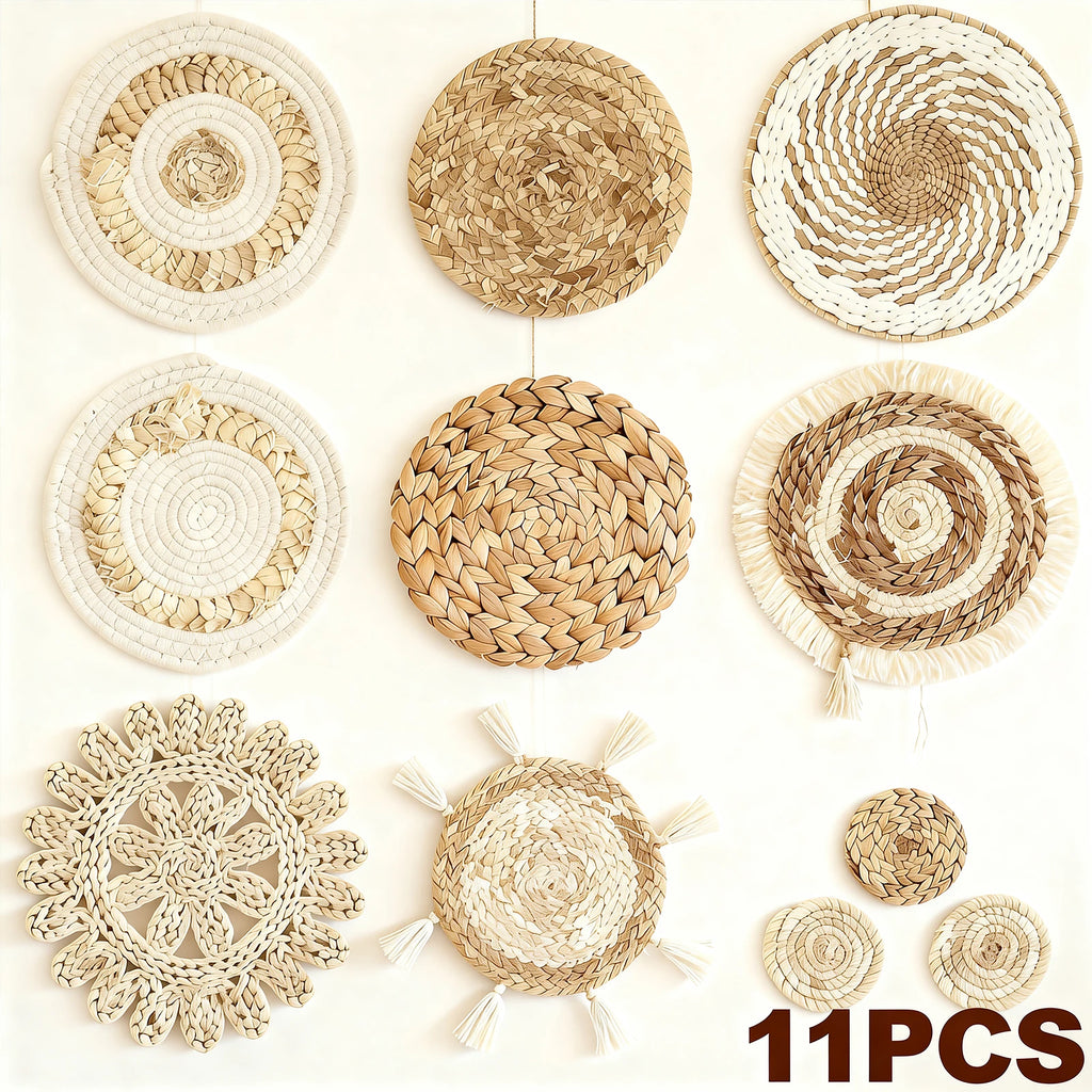 11 Uds. Decoración de cesta de pared tejida, decoración de pared de mimbre decorativa, cestas de pared de mimbre hechas a mano, cesta de pared estética, decoración tejida