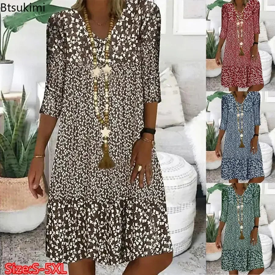 Vestido de verano para mujer, vestido acampanado con estampado Floral Vintage, falda bohemia para la playa con cuello en V, vestido elegante de fiesta, Vestidos informales para mujer