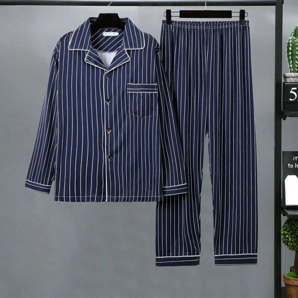 Pijamas acogedores de poliéster para hombre, conjunto de pijamas de otoño e invierno con estampado a cuadros a rayas, solapa a juego, manga larga de un solo pecho