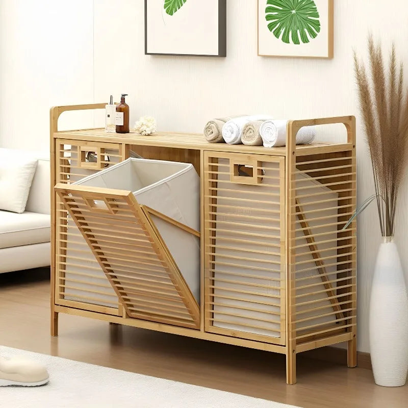 Cesta de bambú para la colada para dormitorio, organizador de ropa multicapa, gabinete de almacenamiento de suelo minimalista, clasificación, organizador para el hogar