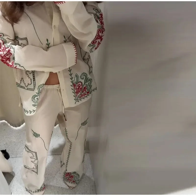 Conjunto de camisa de solapa bordada Retro, pantalón largo, camisas informales elegantes con una botonadura, conjuntos de pantalones rectos, trajes elegantes de verano