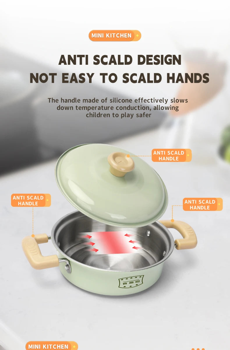 Juego de utensilios de cocina para niños, accesorios de cocina, ollas de madera y acero inoxidable con comida, regalo para niños